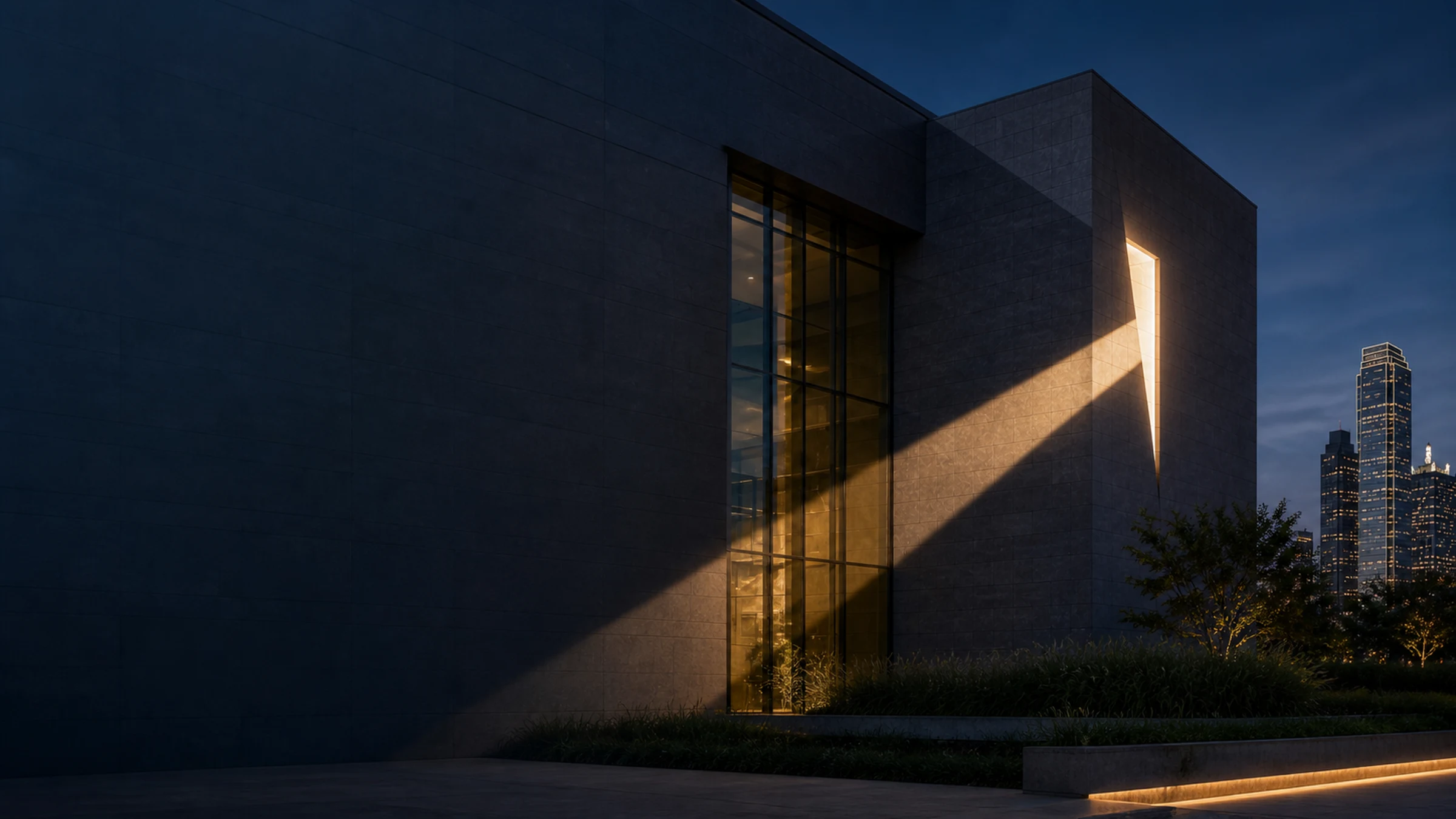 Contemporary Dallas architecture illuminated by a beam of light
