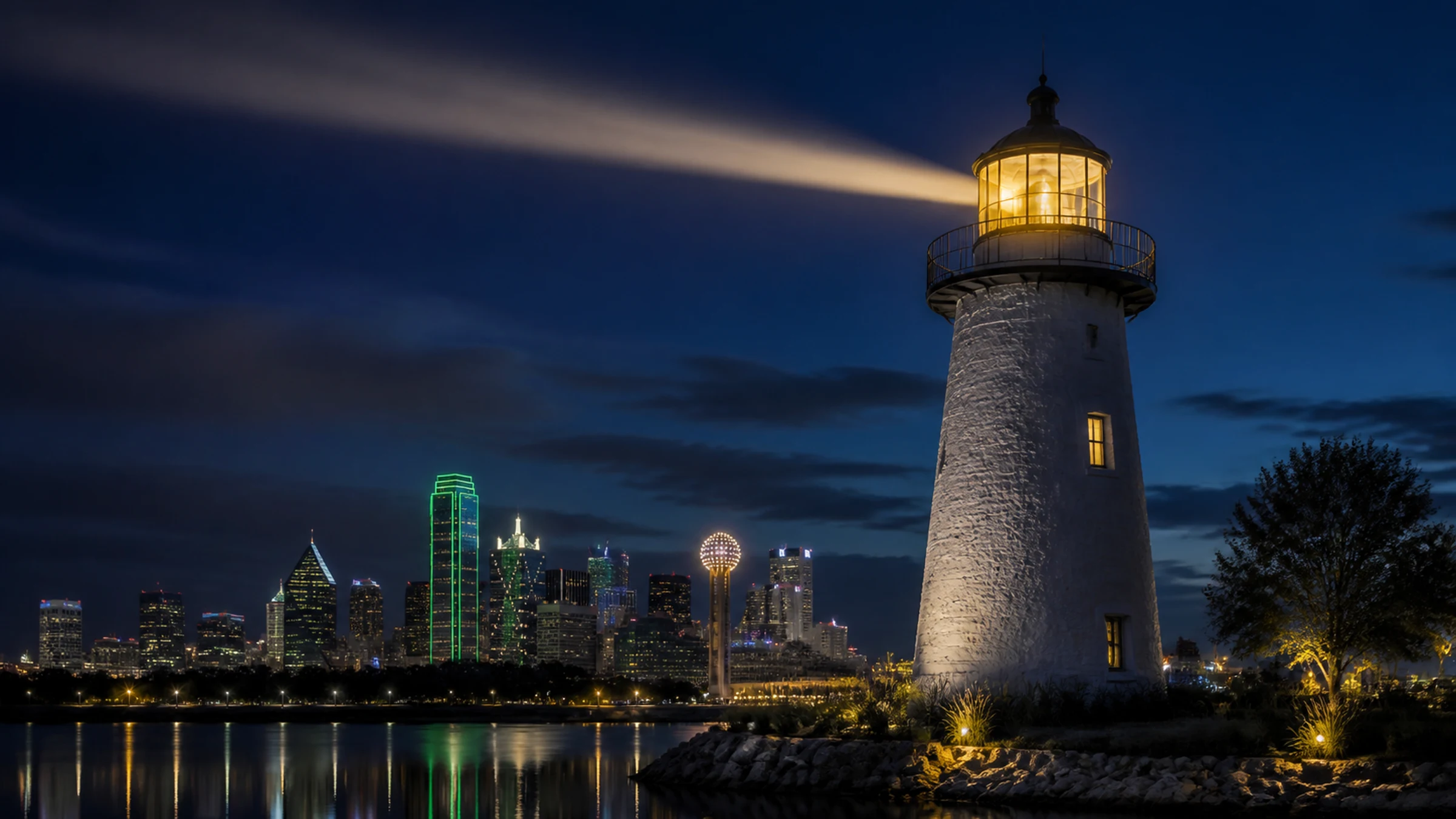 A lighthouse shining over a city skyline at night