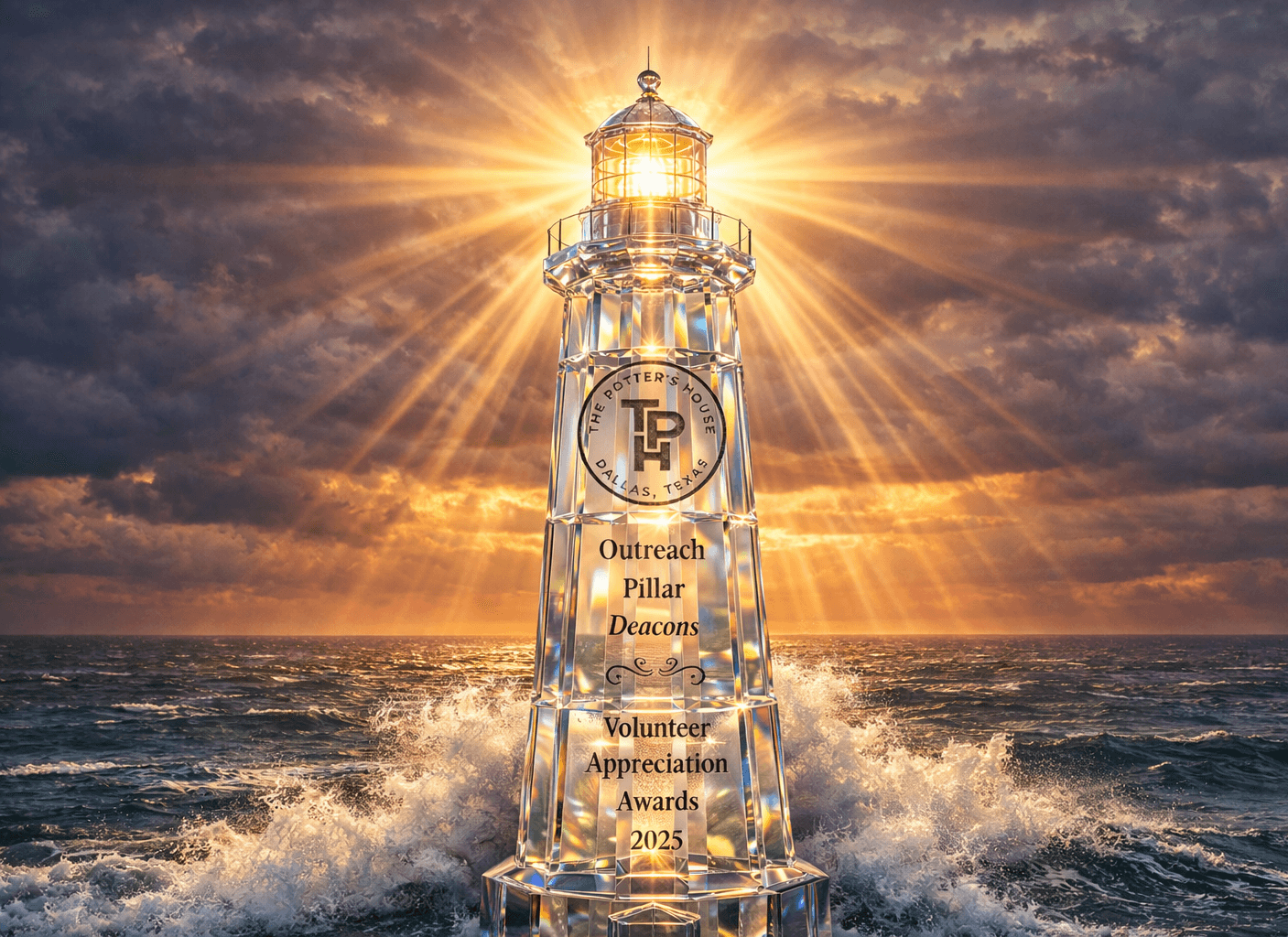 The Outreach Pillar Volunteer Appreciation Award, presented to the Deacons, shown as a symbolic lighthouse