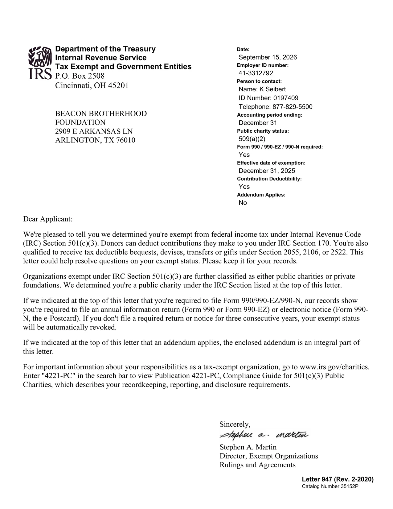 Page one of the IRS determination letter for Beacon Brotherhood Foundation